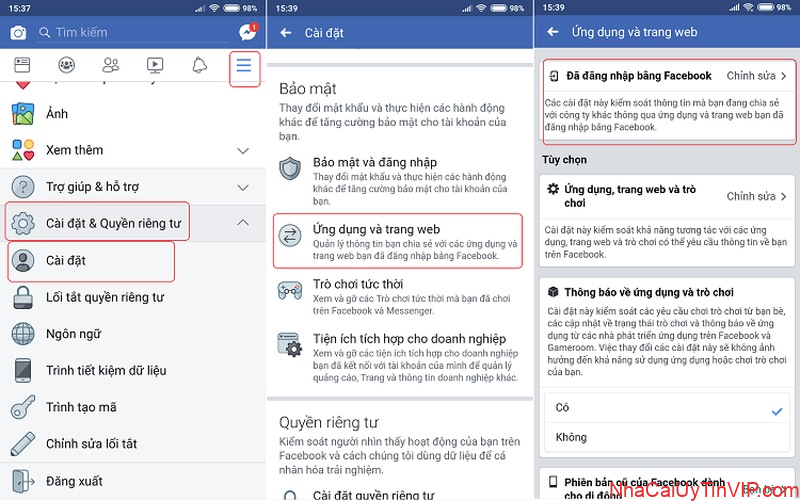 Danh mục -> Cài đặt & quyền riêng tư -> Ứng dụng và trang web -> Đã đăng nhập bằng Facebook