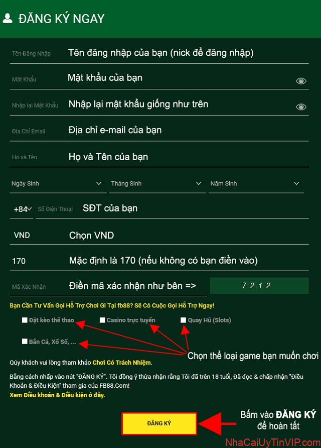 Hệ thống nhà cái gửi đến thông tin yêu cầu cung cấp thông tin đăng ký tài khoản FB88