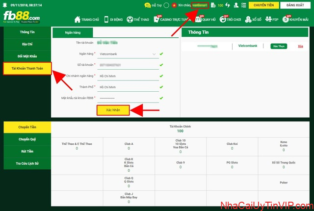 Bước 2: Cập nhật thông tin tài khoản ngân hàng tại nhà cái FB88