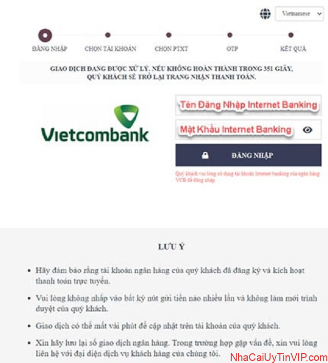 Bước 3: Người chơi thực hiện việc đăng nhập vào tài khoản Internet Banking