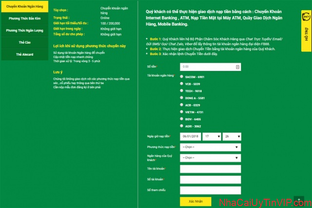 Thủ tục chuyển tiền qua tài khoản ngân hàng tại nhà cái FB88